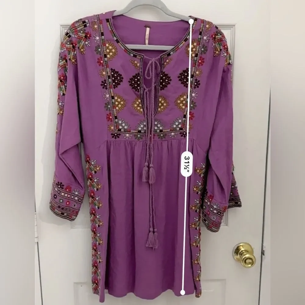 Free People Embroidered Linen Dress Tunic Size XS Purple Tie Front Embellished